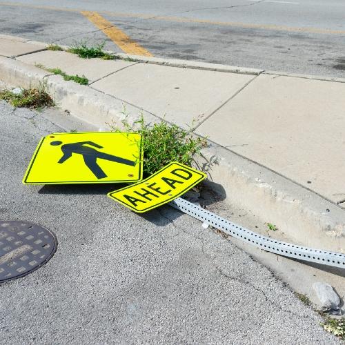 Road sign hit after a pedestrian accident